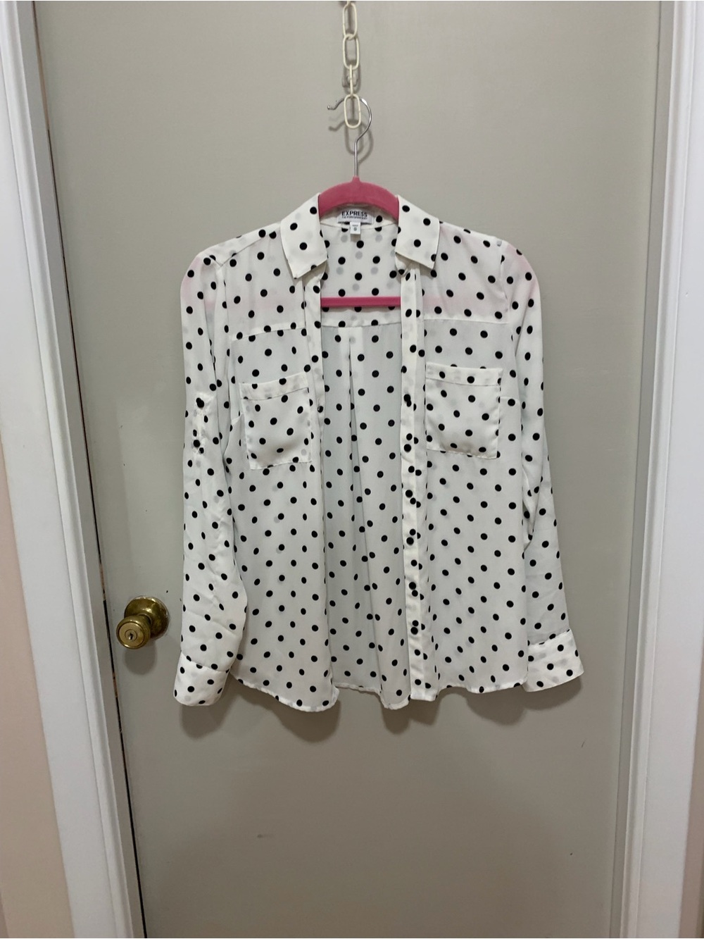 Express White Polka Dot Button-Up Shirt with Black Dots